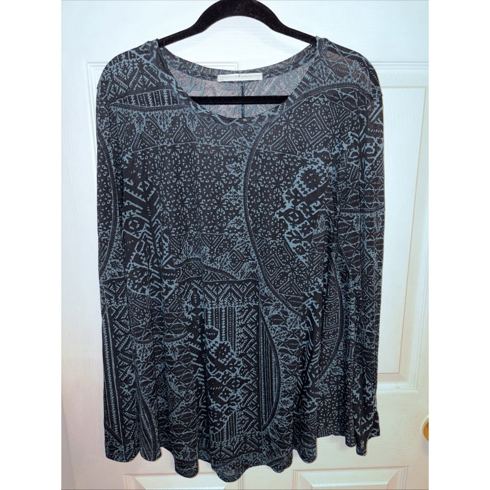 Peruvian Connection M / L Geometric Sheer Black Teal Knit Top Artsy A-line Tunic